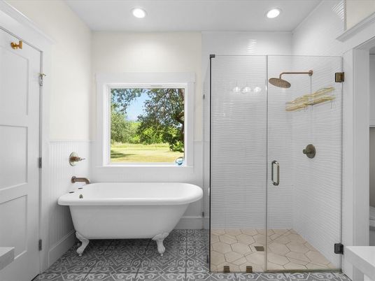 Bathroom, Free Standing Baths, Glass Shower, Interior, Recessed Lighting
