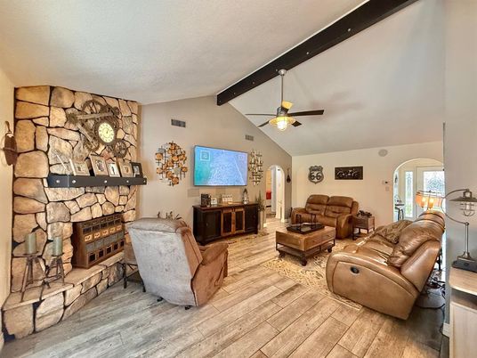 Fireplace, Interior, Living room, Stone Walls, Wooden Beams, Wood Texture Flooring