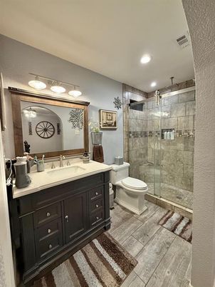 Bathroom, Glass Shower, Interior, Recessed Lighting, Wood Texture Flooring