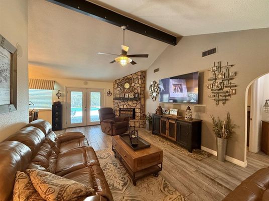 Fireplace, Interior, Living room, Stone Walls, Wooden Beams, Wood Texture Flooring