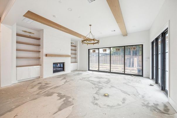 Empty room, Fireplace, Interior, Pendant Lights, Recessed Lighting, Wooden Beams