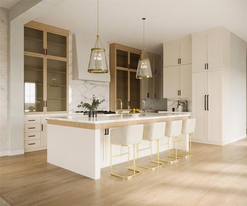 Interior, Kitchen, Marble Walls, Pendant Lights, Wood Texture Flooring