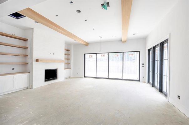 Empty room, Fireplace, Interior, Recessed Lighting, Wooden Beams
