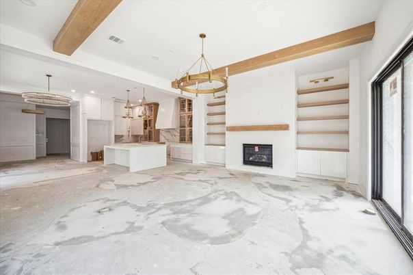 Empty room, Fireplace, Interior, Kitchen, Pendant Lights, Recessed Lighting, Wooden Beams