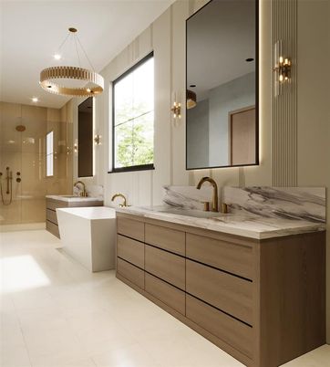 Bathroom, Dual Sink Vanities, Free Standing Baths, Glass Shower, Interior, Pendant Lights, Recessed Lighting
