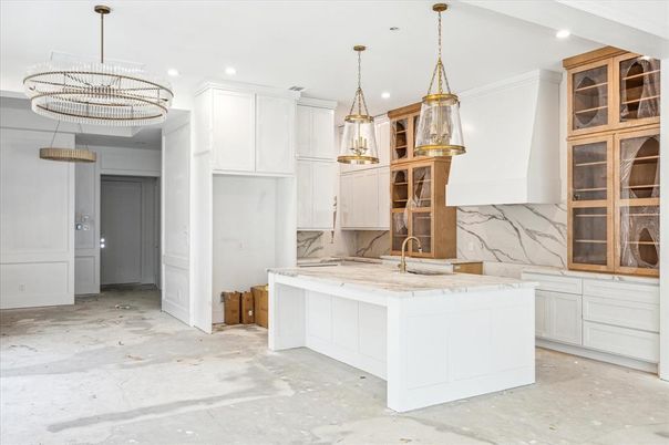 Interior, Kitchen, Marble Walls, Pendant Lights, Recessed Lighting