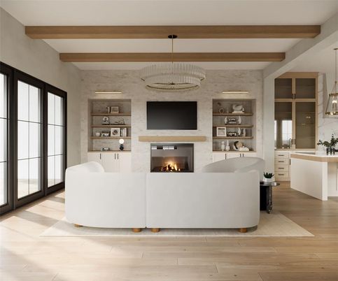 Fireplace, Interior, Living room, Pendant Lights, Stone Walls, Wooden Beams, Wood Texture Flooring