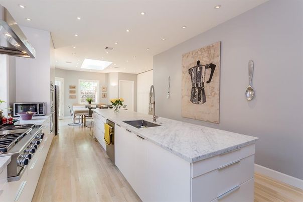 Dining room, Interior, Kitchen, Recessed Lighting, Stainless Steel Appliances, Wood Texture Flooring