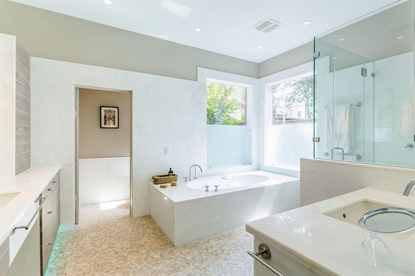 Bathroom, Dual Sink Vanities, Glass Shower, Interior, Recessed Lighting