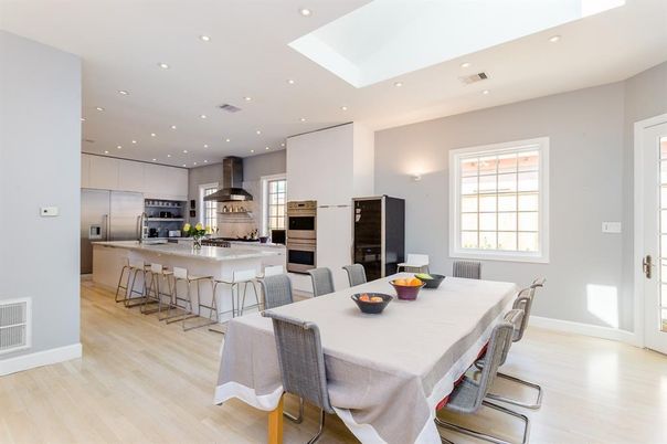 Dining room, Interior, Kitchen, Recessed Lighting, Stainless Steel Appliances, Wood Texture Flooring