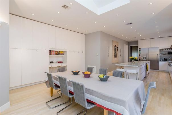 Dining room, Interior, Kitchen, Recessed Lighting, Stainless Steel Appliances, Wood Texture Flooring