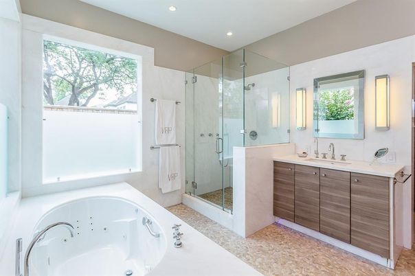 Bathroom, Dual Sink Vanities, Glass Shower, Interior, Recessed Lighting