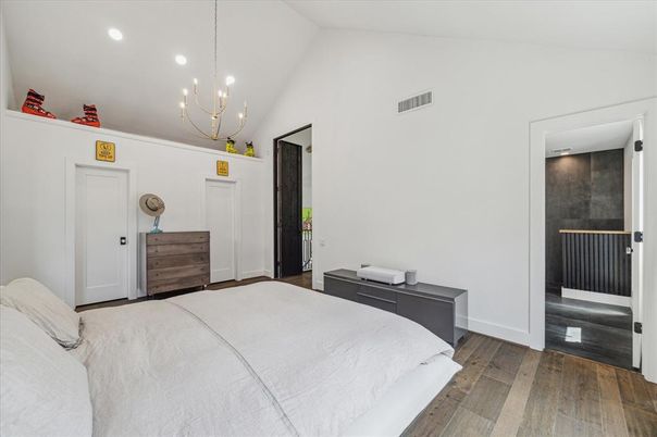 Bedroom, Interior, Pendant Lights, Recessed Lighting, Wood Texture Flooring