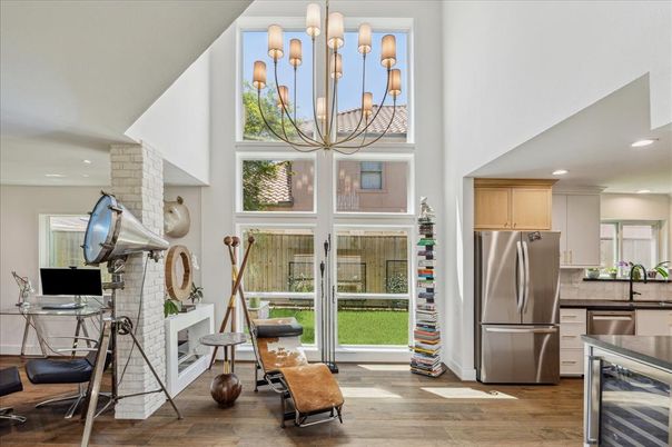 Chandelier, Interior, Kitchen, Recessed Lighting, Stainless Steel Appliances, Wood Texture Flooring