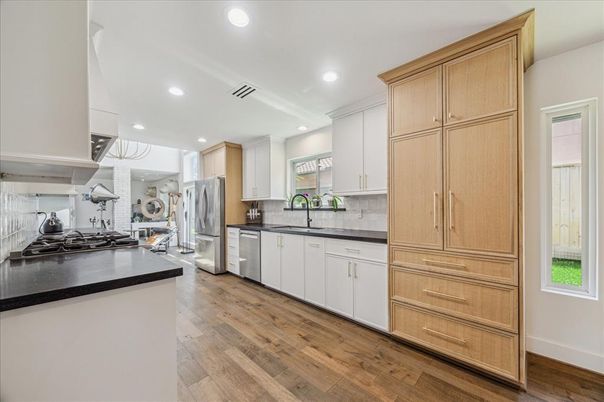Interior, Kitchen, Recessed Lighting, Stainless Steel Appliances, Wood Texture Flooring