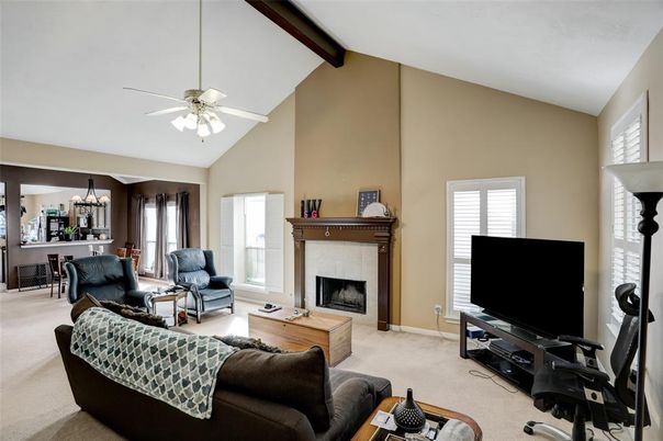 Dining room, Fireplace, Interior, Living room, Pendant Lights, Wooden Beams