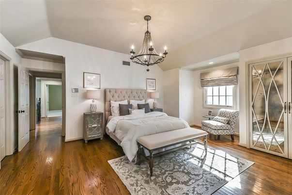 Bedroom, Chandelier, Interior, Recessed Lighting, Wood Texture Flooring