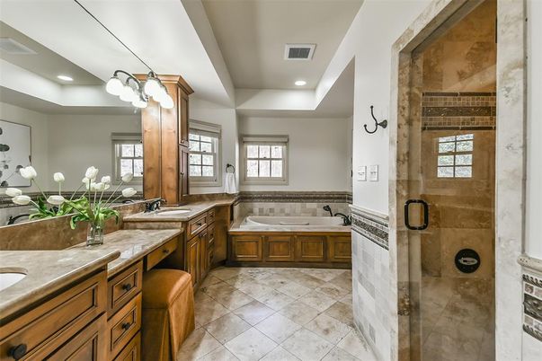Bathroom, Dual Sink Vanities, Glass Shower, Interior, Recessed Lighting