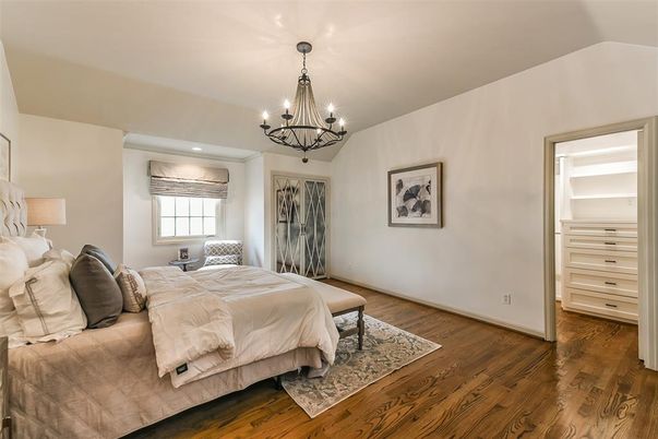 Bedroom, Chandelier, Interior, Recessed Lighting, Wood Texture Flooring