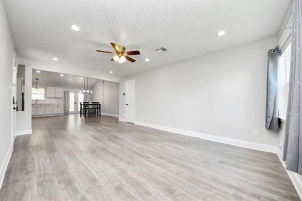 Dining room, Empty room, Interior, Recessed Lighting, Wood Texture Flooring