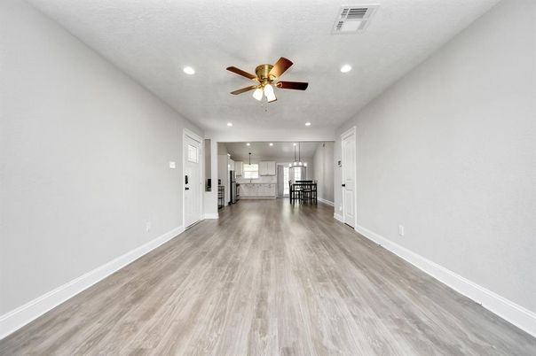 Empty room, Interior, Kitchen, Pendant Lights, Recessed Lighting, Wood Texture Flooring