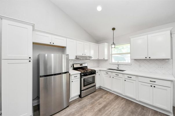 Interior, Kitchen, Pendant Lights, Recessed Lighting, Stainless Steel Appliances, Wood Texture Flooring