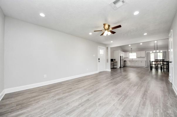 Dining room, Empty room, Interior, Kitchen, Pendant Lights, Recessed Lighting, Wood Texture Flooring