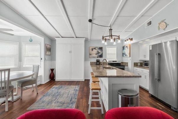 Dining room, Interior, Kitchen, Pendant Lights, Stainless Steel Appliances, Wood Texture Flooring