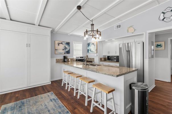 Interior, Kitchen, Pendant Lights, Stainless Steel Appliances, Wood Texture Flooring