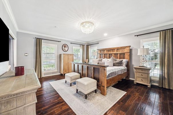 Bedroom, Chandelier, Interior, Recessed Lighting, Wood Texture Flooring