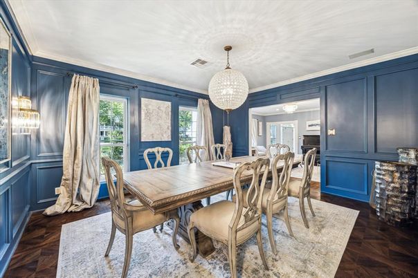 Dining room, Interior, Pendant Lights, Wood Texture Flooring
