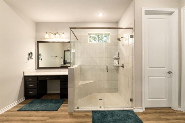 Bathroom, Glass Shower, Interior, Recessed Lighting, Wood Texture Flooring