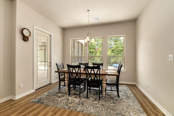 Dining room, Interior, Pendant Lights, Wood Texture Flooring