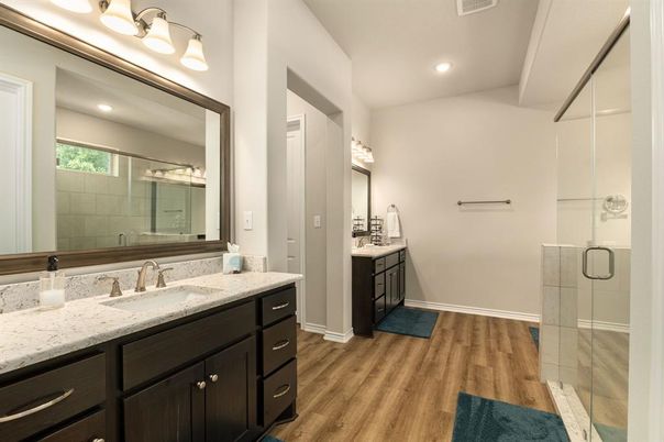 Bathroom, Glass Shower, Interior, Recessed Lighting, Wood Texture Flooring