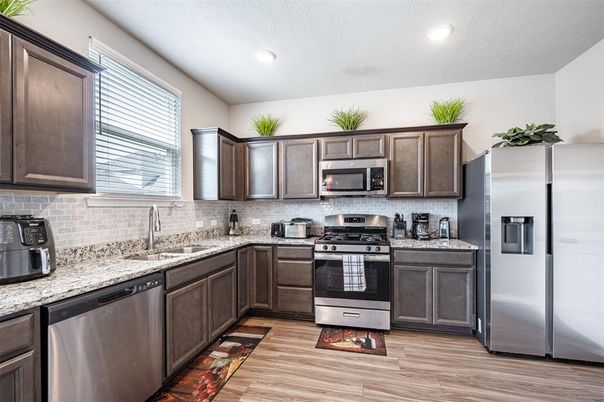 Interior, Kitchen, Recessed Lighting, Stainless Steel Appliances, Wood Texture Flooring