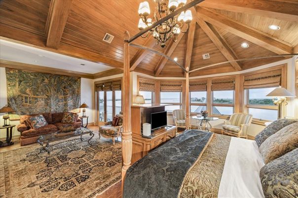 Bedroom, Chandelier, Interior, Living room, Recessed Lighting, Water, Wooden Beams, Wooden Ceilings