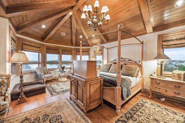 Bedroom, Chandelier, Interior, Recessed Lighting, Water, Wooden Beams, Wooden Ceilings, Wood Texture Flooring, Wooden Walls
