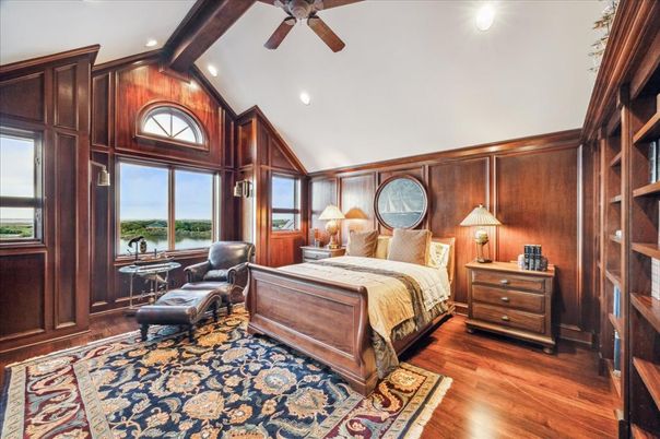 Bedroom, Interior, Recessed Lighting, Water, Wood Texture Flooring, Wooden Walls