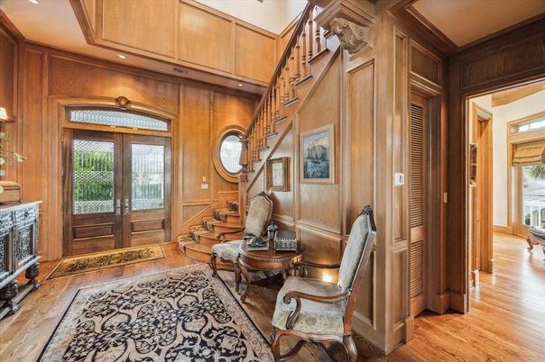 Fireplace, Interior, Recessed Lighting, Wood Texture Flooring, Wooden Walls