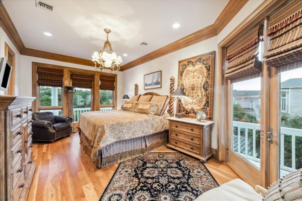 Bedroom, Chandelier, Interior, Recessed Lighting, Wood Texture Flooring