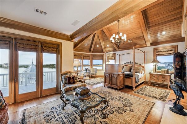 Bedroom, Chandelier, Interior, Recessed Lighting, Water, Wooden Beams, Wooden Ceilings, Wood Texture Flooring