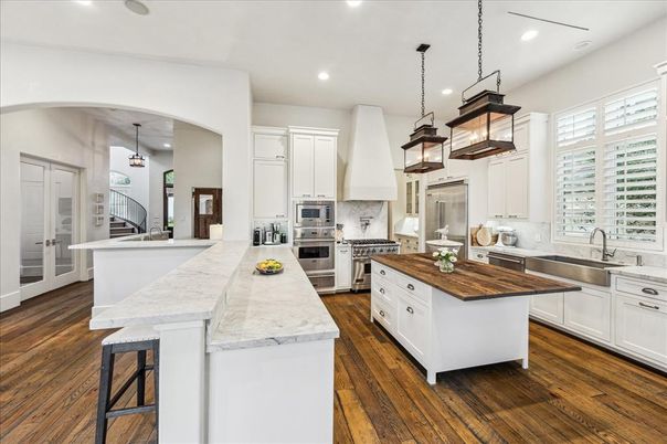 Interior, Kitchen, Pendant Lights, Recessed Lighting, Stainless Steel Appliances, Wood Texture Flooring