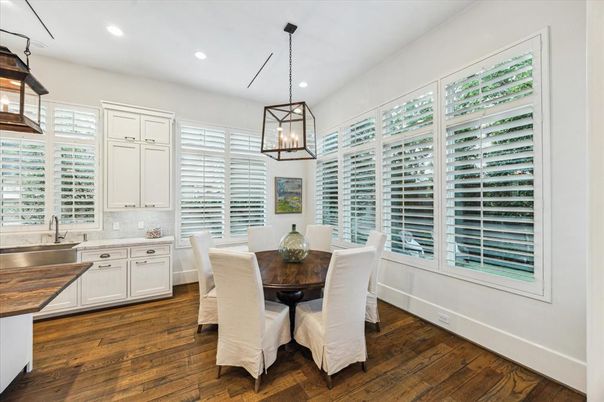 Dining room, Interior, Pendant Lights, Recessed Lighting, Wood Texture Flooring