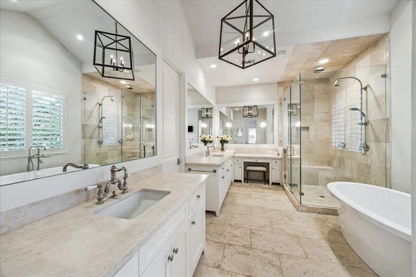 Bathroom, Dual Sink Vanities, Free Standing Baths, Glass Shower, Interior, Pendant Lights, Recessed Lighting
