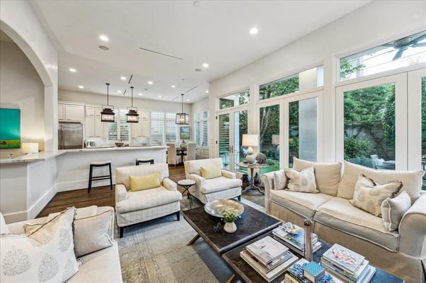Dining room, Interior, Kitchen, Living room, Pendant Lights, Recessed Lighting, Stainless Steel Appliances, Wood Texture Flooring