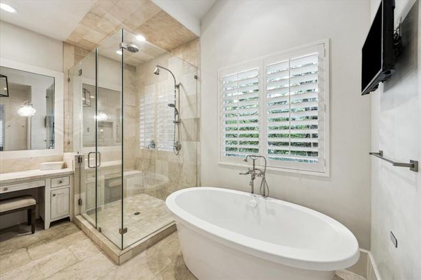 Bathroom, Free Standing Baths, Glass Shower, Interior, Recessed Lighting