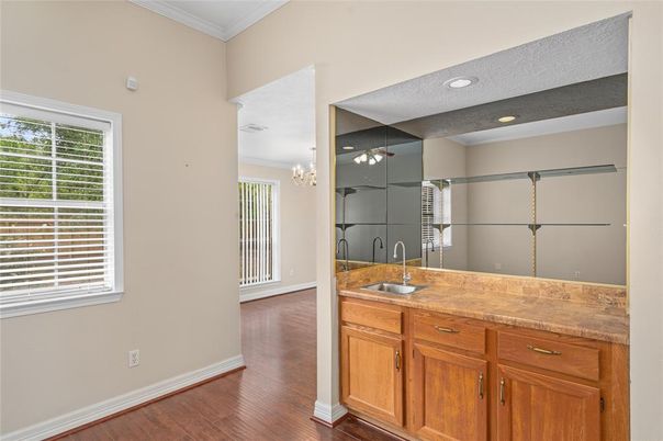 Bathroom, Chandelier, Interior, Recessed Lighting, Wood Texture Flooring