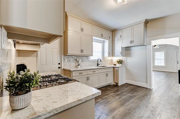 Interior, Kitchen, Marble Walls, Wood Texture Flooring