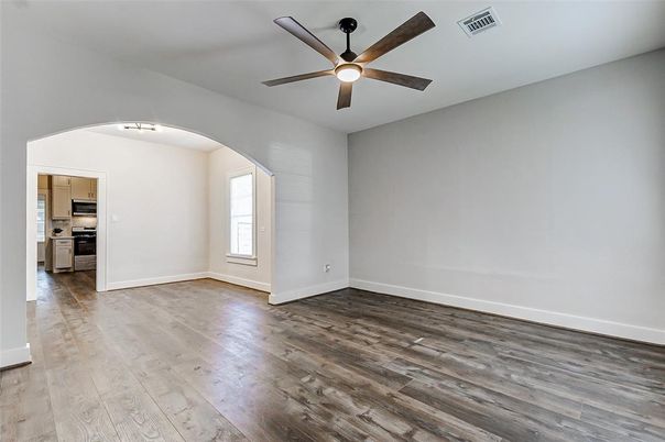 Empty room, Interior, Kitchen, Stainless Steel Appliances, Wood Texture Flooring