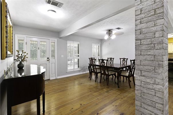 Dining room, Interior, Stone Walls, Wood Texture Flooring